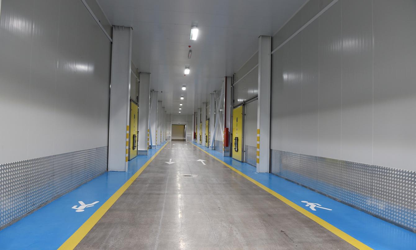 An insulated cold-storage corridor with refrigerated rooms.